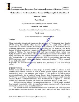 The Prevalence of Post Traumatic Stress Disorder (PTSD) among Flood Affected School Children in Pakistan