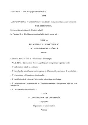 LOI n° 2007-1199 du 10 août 2007 relative aux libertés et responsabilités des universités dite Loi Pecresse