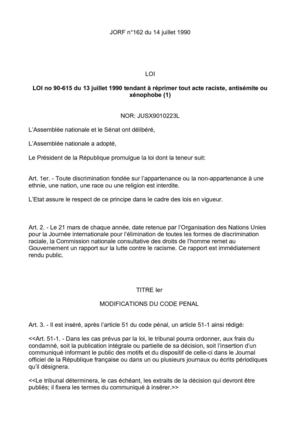 LOI no 90-615 du 13 juillet 1990 contre le racisme