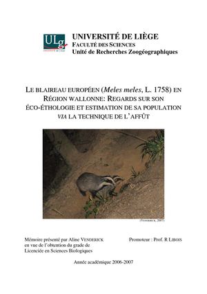 Mémoire Venderick  Aline: LE BLAIREAU EUROPEEN (Meles meles, L 1758) EN REGION WALLONNE: regards sur son éco-éthologie et estimation de sa population via la technique de l'affût.