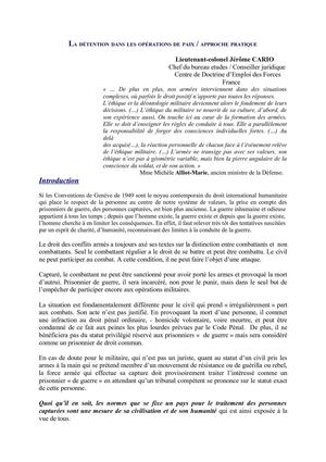 LA DÉTENTION DANS LES OPÉRATIONS DE PAIX / APPROCHE PRATIQUE - Présentation de Jérôme Cario