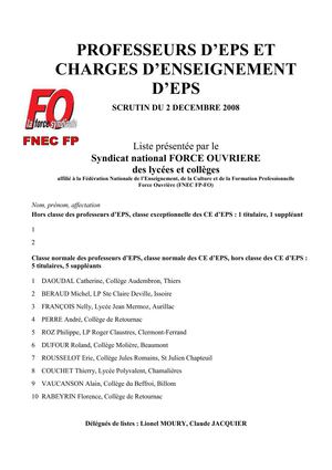 liste des candidatures des Professeurs d'éducation physique et sportive / Chargés d'enseignement d'éducation physique et sportive