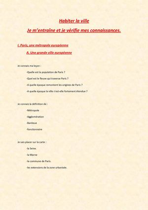 6ème - Habiter la ville - Je vérifie mes connaissances et je m'entraîne - II.A.