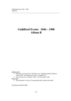 Events 1846-1908: An index to Scrap book "R" in the Local Studies Collection of Guildford Institute