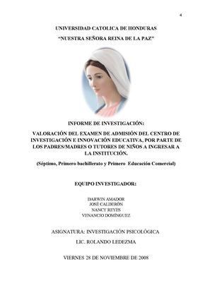 VALORACIÓN DEL EXAMEN DE  ADMISIÓN. CIIE