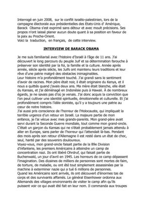 INTERVIEW DE BARACK  OBAMA - Président des Etats Unis d'Amérique
