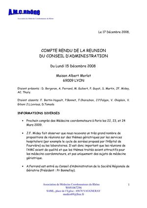 COMPTE RENDU DE LA REUNION CA DU 15 DECEMBRE 2008