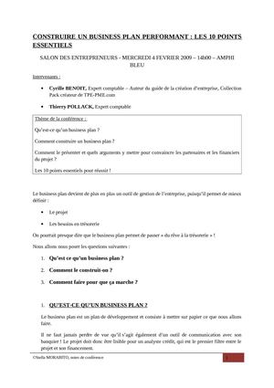 Construire un business plan performant : les 10 points essentiels - Salon des Entrepreneurs Paris 2009