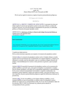 Ley 746 de 2002 - Regulacion de tenencia de perros potencialmente peligrosos.