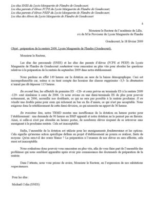 Lettre au rectorat élus lycée Gondecourt