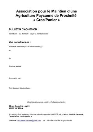 croc'panier, formulaire d'adhésion