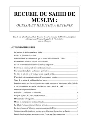 RECUEIL DU SAHIH DE MUSLIM : QUELQUES HADITHS A RETENIR