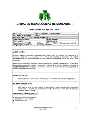PROGRAMA DE ASIGNATURA ALGEBRA SUPERIOR UTS FCNI