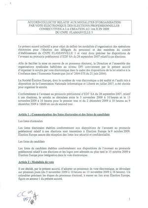04-08-2009 - ACCORD COLLECTIF RELATIF AUX MODALITES D'ORGANISATION PAR VOTE ELECTRONIQUE DES ELECTIONS PROFESSIONNELLES CONSECUTIVES A LA CREATION AU 1ER JUIN 2009 DU CNPE FLAMANVILLE 3 - EDF SA