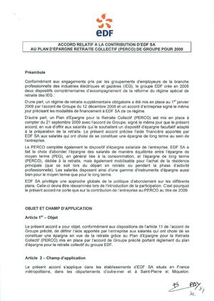 04-08-2009 - ACCORD RELATIF A LA CONTRIBUTION D'EDF SA AU PLAN D'EPARGNE RETRAITE COLLECTIF (PERCO) DE GROUPE POUR 2009 - EDF SA