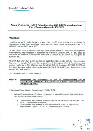 08-05-2009 - Accord d'entreprise relatif à l'abondement de GDF SUEZ SA dans le cadre du Plan d'Epargne Groupe de GDF SUEZ - GDF SUEZ SA