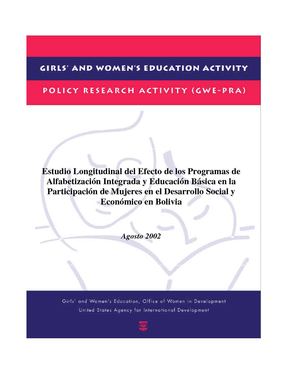Alfabetización Integrada y Educación Básica en la participacion  de mujeres en el desarrollo social y economico en Bolivia