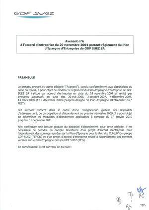 04-08-2009 - Avenant n°06 à l'accord d'entreprise sur le Plan d'Epargne d'Entreprise - GDF SUEZ SA