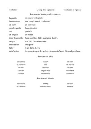 les fiches de vocabulaire du loup et des 7 chevreaux