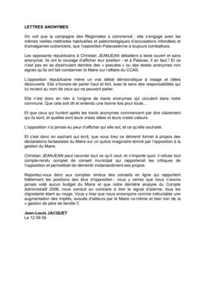 Palavas: communiqué de Jean-Louis JACQUET,conseiller municipal d'opposition, sur les lettres anonymes<