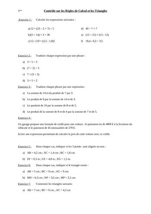 5EME MATH DS REGLE DE CALCUL TRIANGLE 8 OCT 09