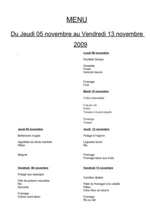 Menus de la cantine novembre et décembre 2009