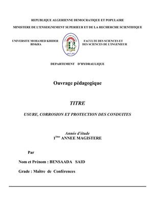 USURE ET CORROSION DES CONDUITES