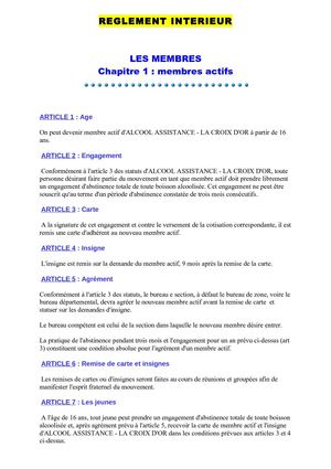 Reglement intérieur alcool assistance la croix d'or