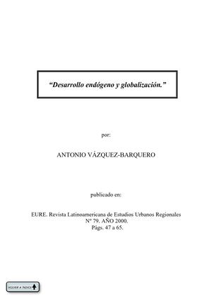 DESARROLLO LOCAL: “Desarrollo endógeno y globalización.” (ANTONIO VÁZQUEZ-BARQUERO)