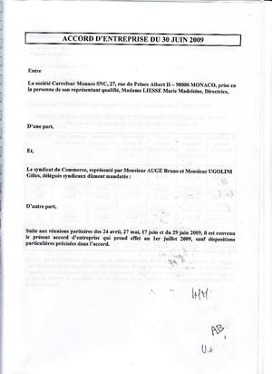 Accord collectif Carrfour Monaco 2009