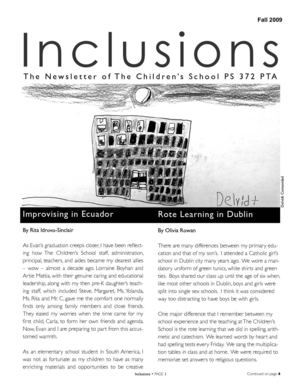 Inclusions: The Newsletter of The Children’s School PS 372 PTA - Fall 2009
