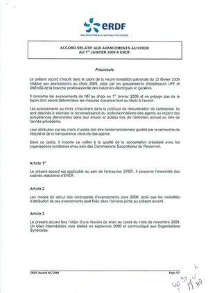  ACCORD RELATIF AUX AVANCEMENTS AU CHOIX AU 1er JANVIER 2009 A ERDF