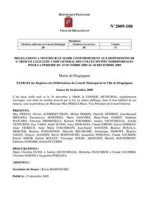 Draguignan - Compte-rendu du Conseil Municipal du 16 Décembre 2009