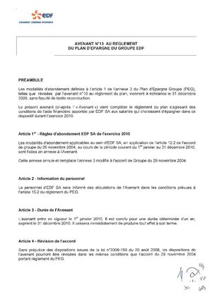 AVENANT N°13 AU REGLEMENT DU PLAN D'EPARGNE DU GROUPE EDF