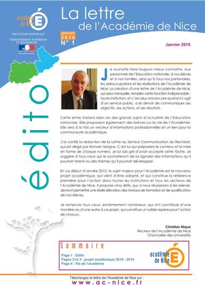 La lettre de l'académie de Nice - n°01 - janvier 2010