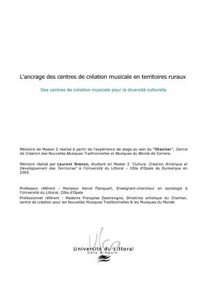L'ancrage des centres de création musicale en territoires ruraux. Des centres de création musicale pour la diversité culturelle.