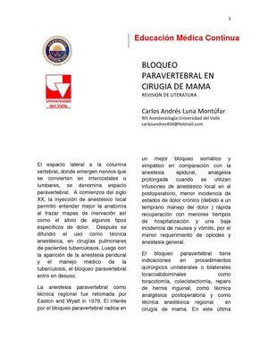 BLOQUEO PARAVERTEBRAL EN CIRUGIA DE MAMA