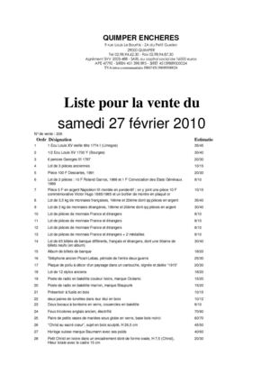 LISTE DE LA VENTE DU SAMEDI 27 FEVRIER 2010 - 14h