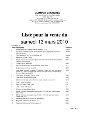 LISTE DE LA VENTE DU 13 MARS 2010 - 14h