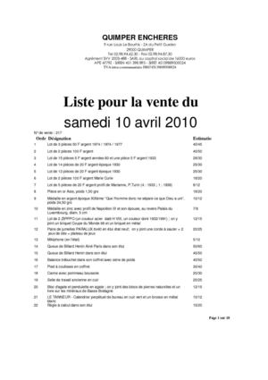LISTE DE LA VENTE AUX ENCHERES DU SAMEDI 10 AVRIL 2010