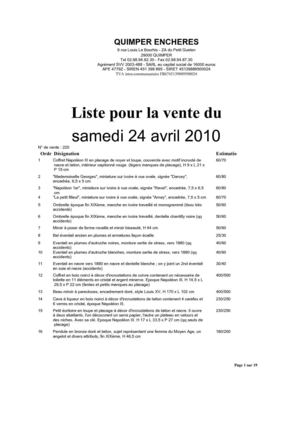 LISTE DE LA VENTE DU 24 AVRIL 2010
