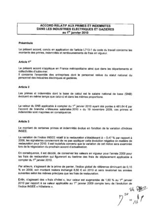 Accord relatif aux primes et indemnités dans les industries électriques et gazières au 1er janvier 2010