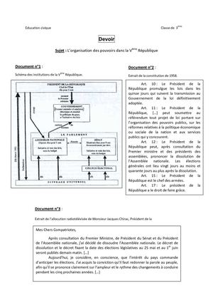 Devoir 3ème - Les institutions de la Vème République et leurs fonctionnements.