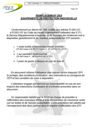 Note d'info veste textile des pompiers des Ardennes SDIS08