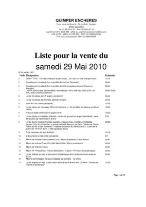 LISTE DE LA VENTE AUX ENCHERES DU 29 MAI 2010