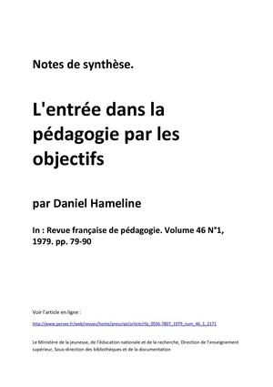 L'entrée dans la pédagogie par les objectifs, par Daniel Hameline, Revue française de pédagogie. Volume 46 N°1, 1979. pp. 79‐90
