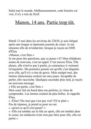 Manon, 14 ans. Partie trop tôt. 