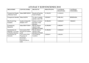 Tabla de subvenciones de la Fundación CADAH