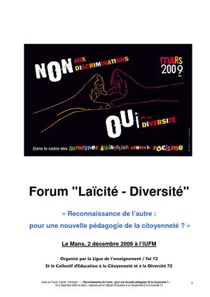 Actes forum Laïcité Diversité du 2 décembre 09 au Mans