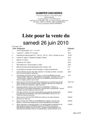LISTE DE LA VENTE AUX ENCHERES DU 26 JUIN 2010